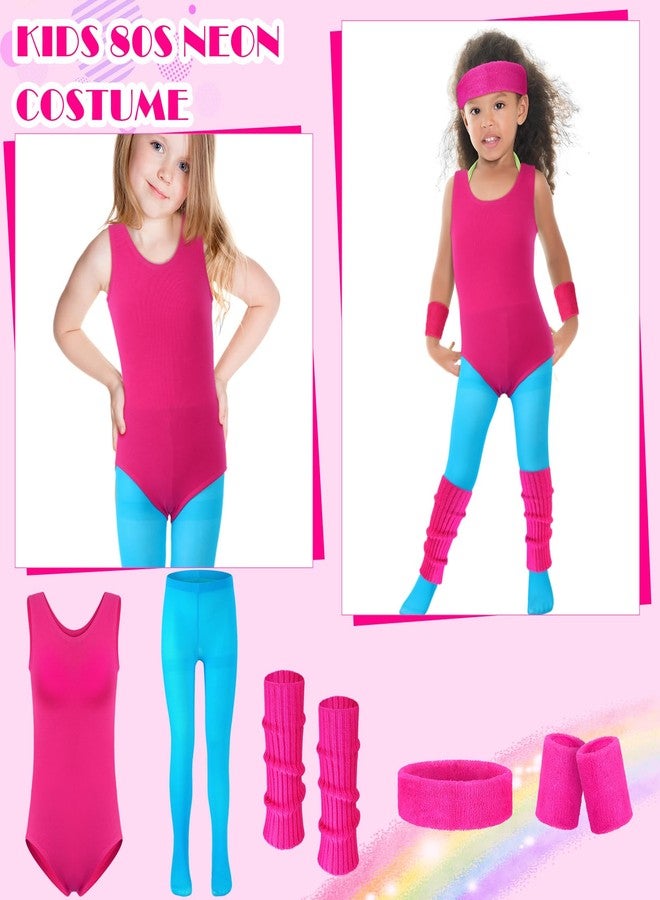 Giegxin Kids 80s Workout Costume Halloween Outfit Accessories Retro Neon Leotard Legging Headband Wristband Leg Warmers(Large,Rose Red, Lake Blue) - Image 2